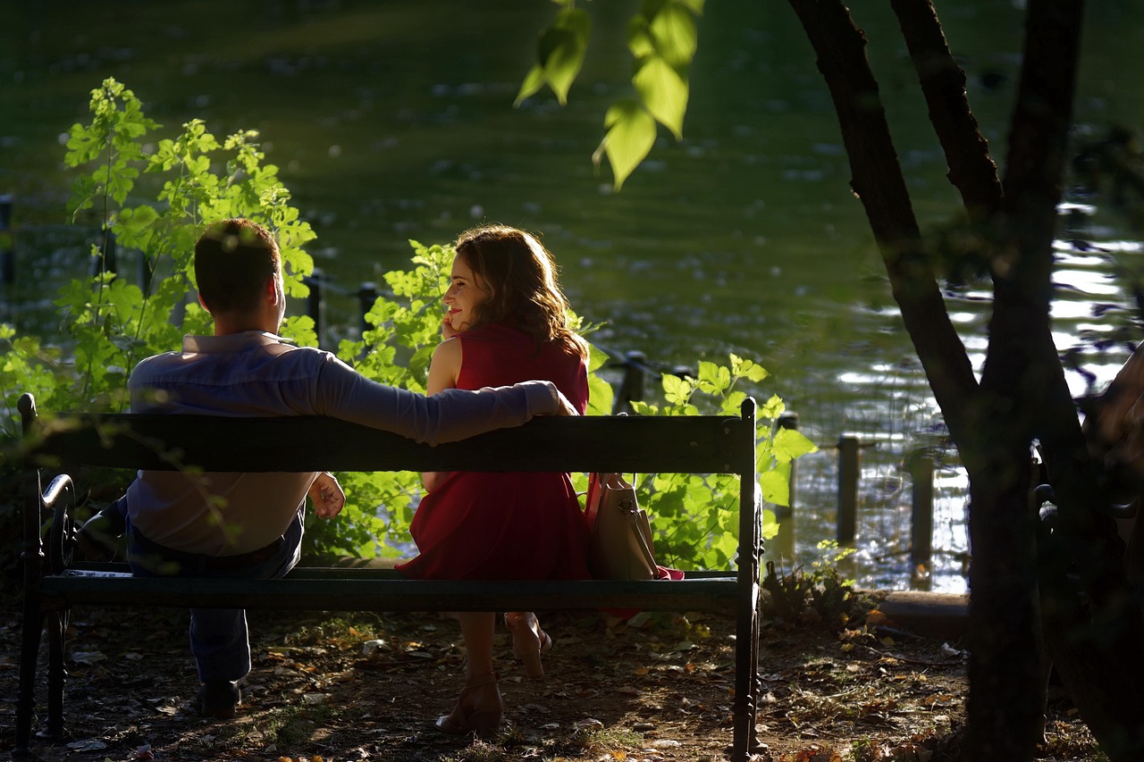 couple, bench, happy, nature, lake, date, love
