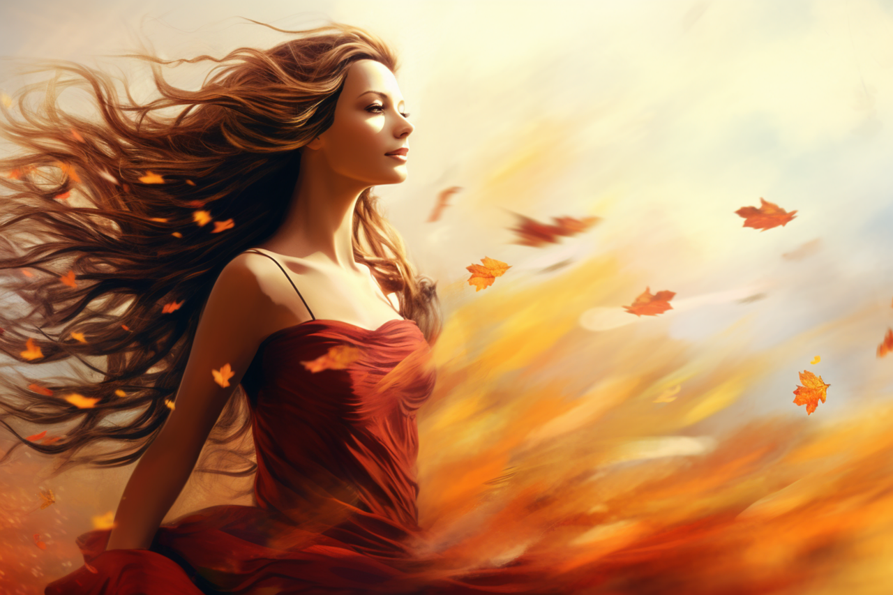 ai generated, nature, woman, leaves, long hair, autumn, joy, cool, peace, harmony, dress, trees, wind, falling leaves