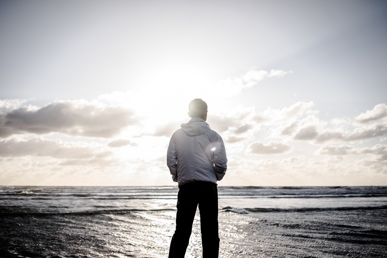 beach, sunset, man, back, jacket, hoodie, horizon, shore, seashore, sea, ocean, seascape, sunlight, clouds, sky, sun, vacation, travel, nature, water, man, back, back, back, back, back, hoodie, hoodie, hoodie