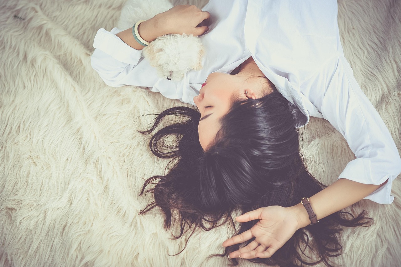girl, sleep, lying down, dog, pet, owner, asian, asian woman, young woman, upside down, asleep, sleeping, sleeping woman, female, woman, dreaming, animal, portrait, resting, relax, dream