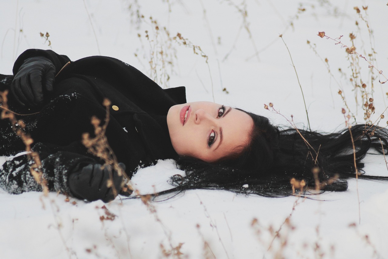 people, nature, woman, lady, girl, lying, snow