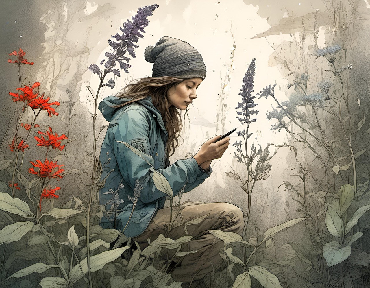 girl, phone, nature, flowers, plants, hat, peace, to communicate, ai generated